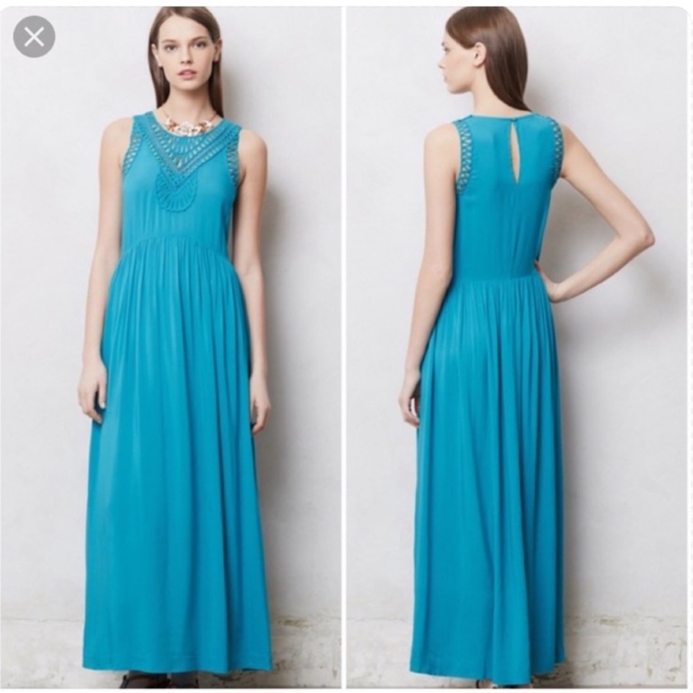 Anthro Mermaid Macrame day dress Teal Maxi small